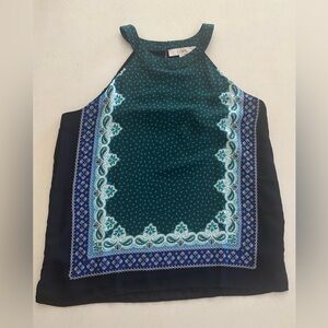 LOFT Teal and Navy Patterned Top